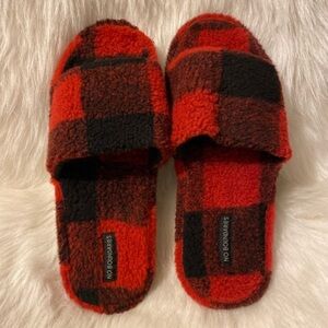 No Boundaries Shoes Mens Size 11-12 Red Black Plaid Slippers Open‎ Toe